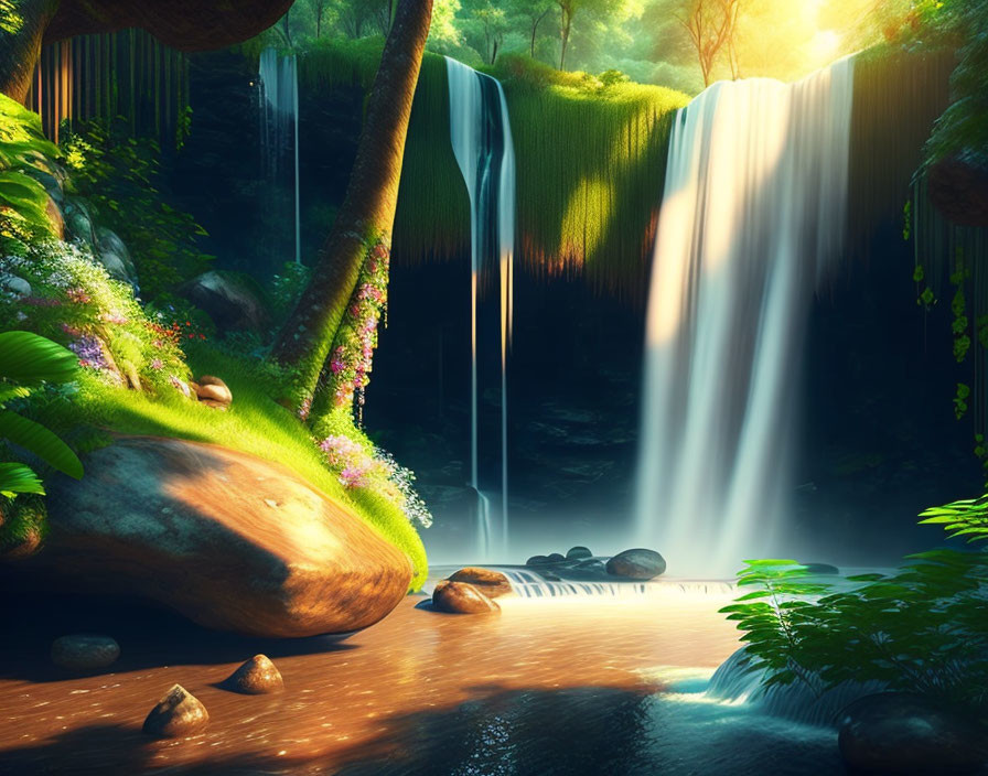 Tranquil waterfall in lush forest with sunlight rays