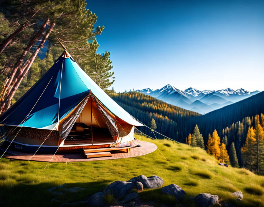 Luxurious Tent on Wooden Platform in Forest with Snow-Capped Mountain View