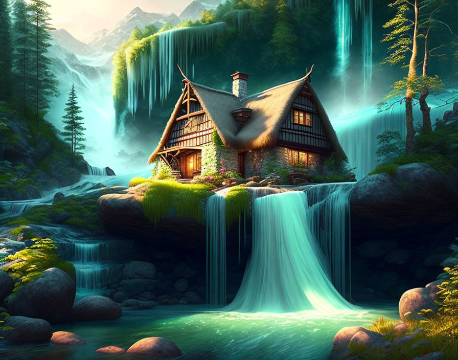 Enchanting cottage on rock with waterfalls and warm glow