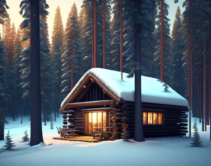 Snowy forest log cabin with glowing windows at dusk