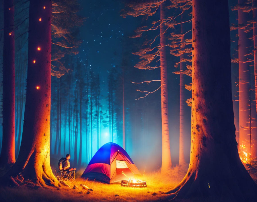 Person sitting by glowing tent in mystical forest at night with illuminated trees and starry sky