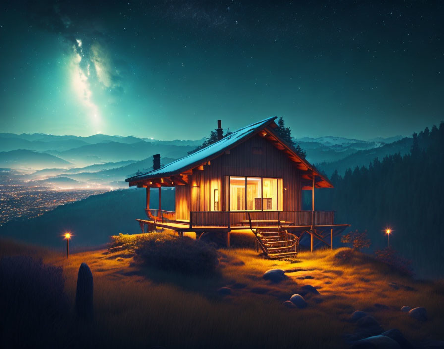 Nighttime cabin on hillside with cityscape view