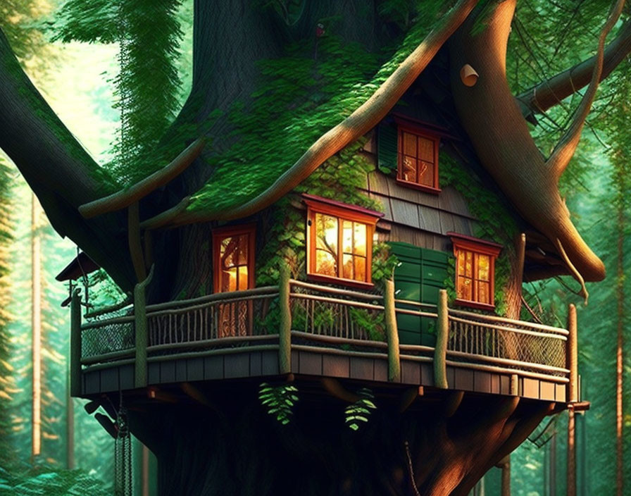 Cozy treehouse in lush forest with glowing windows