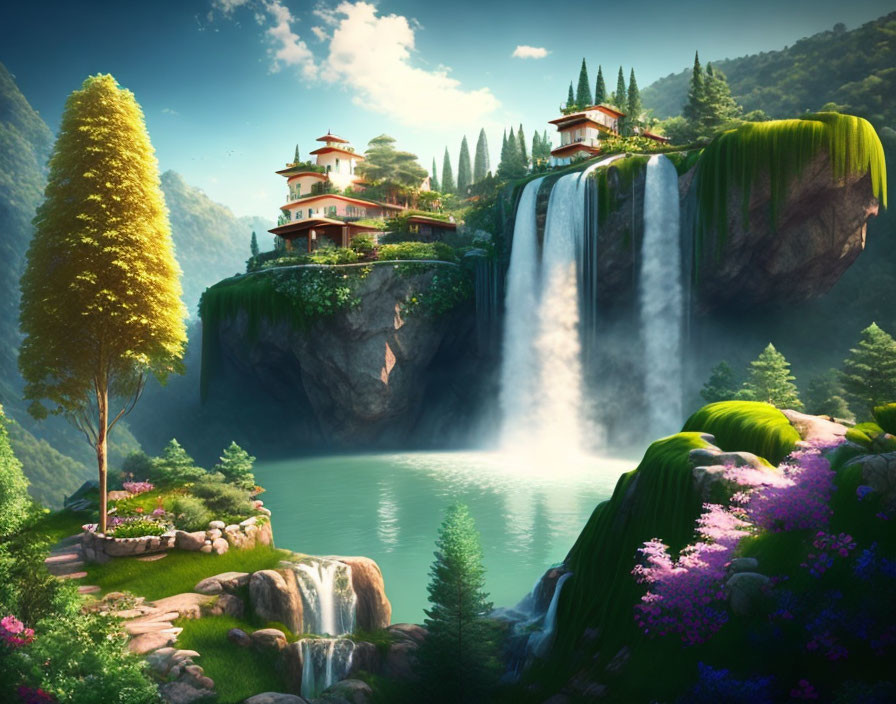 Tranquil landscape with waterfalls, pagodas, lake, cliffs & flowers