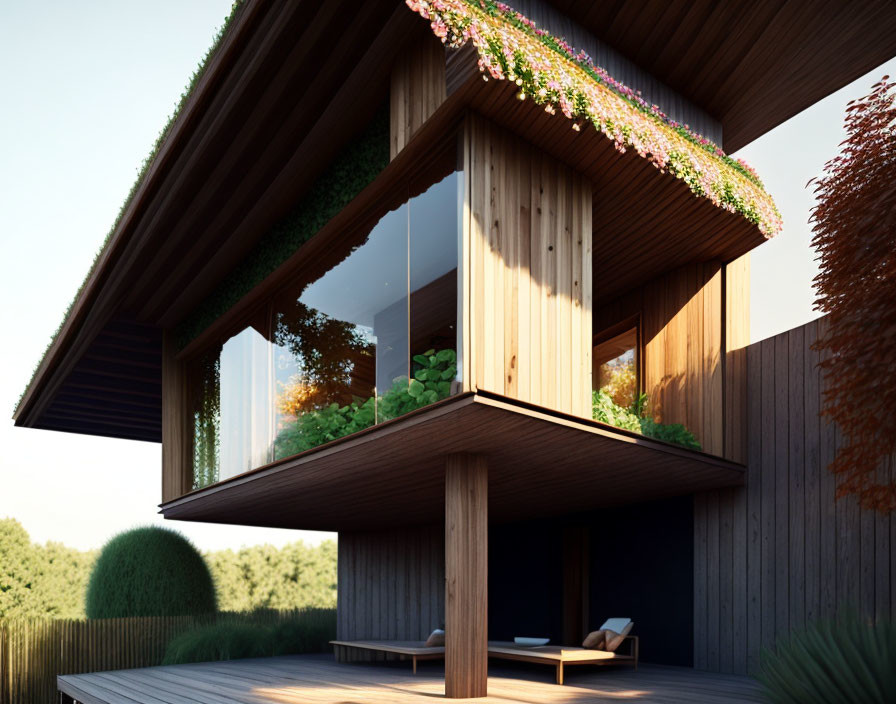 Modern wooden house with large glass windows and overhanging upper floor.