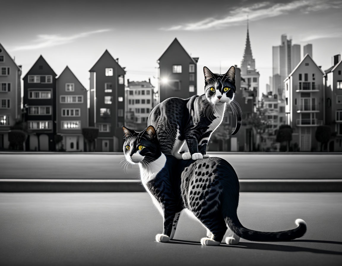 Two Cats Standing on City Road in Black and White