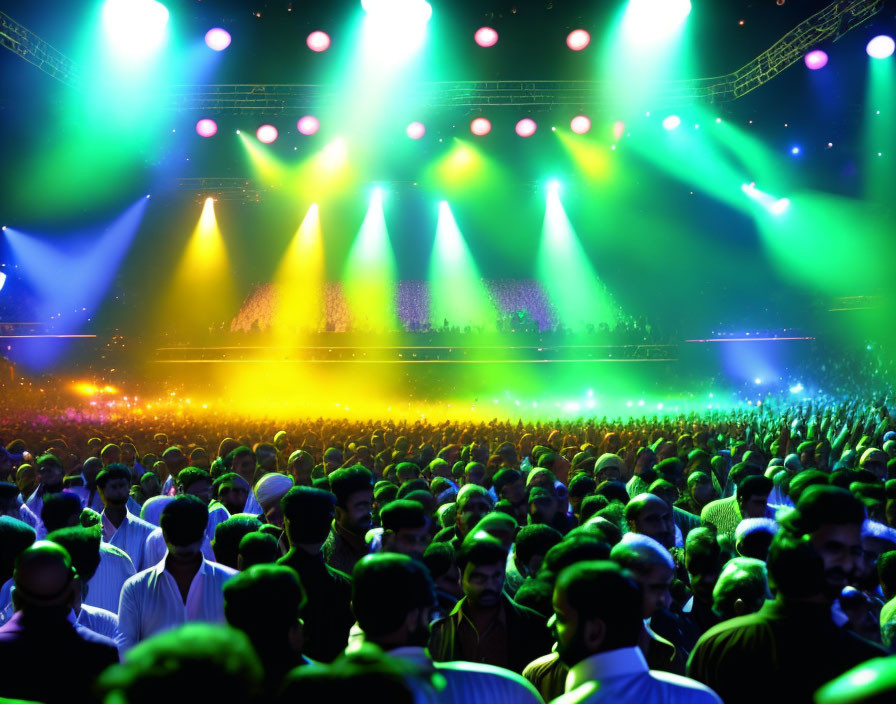 Crowded concert scene under vibrant yellow and green stage lights