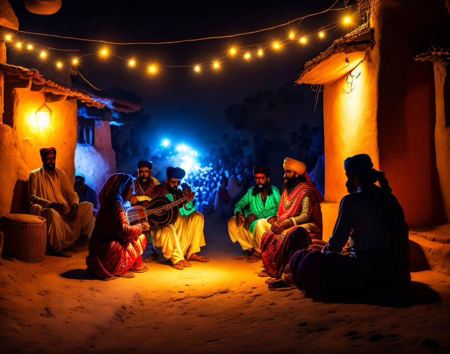 Traditional Attire Group Musical Performance in Rustic Village