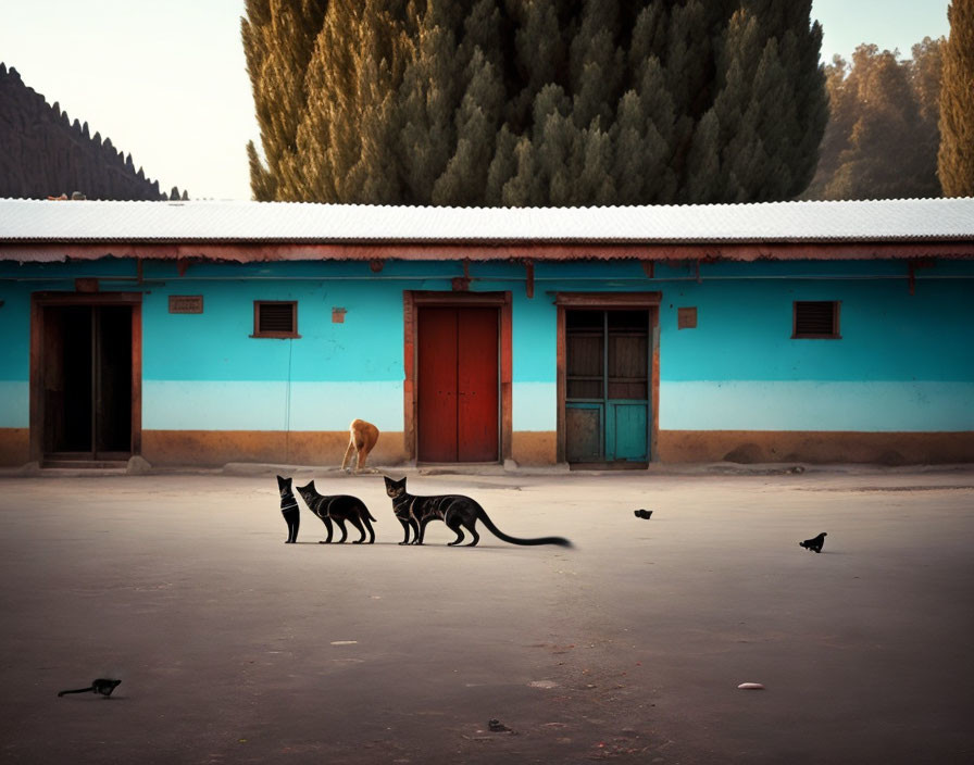 Three black cats on dusty road near vibrant blue building with red doors, dog and birds under warm h