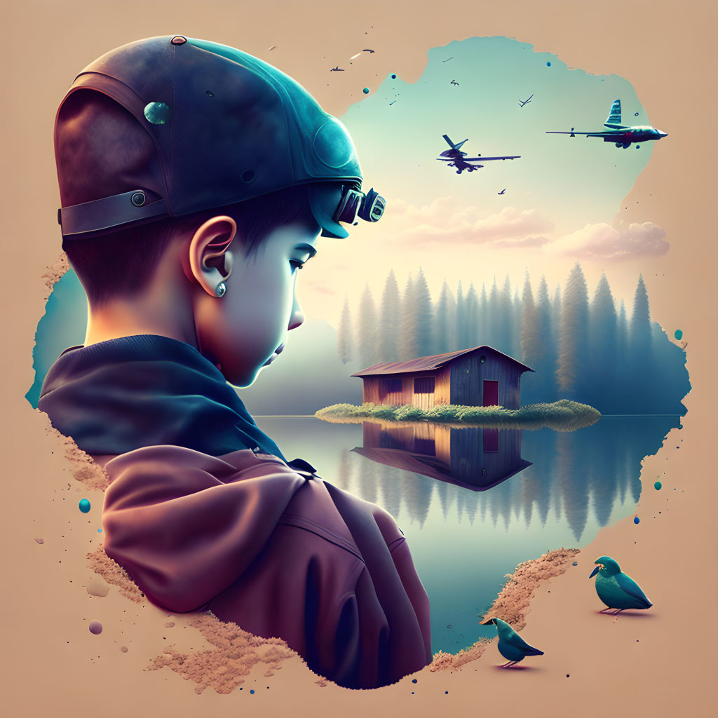 Contemplative young boy in pilot gear with dreamy landscape and planes reflected on face