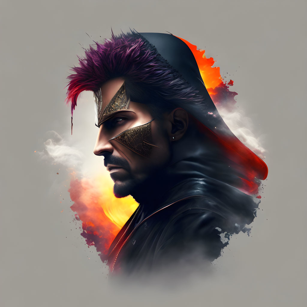 Digital portrait of man with purple mohawk and golden facial tattoo in hooded cloak on fiery backdrop