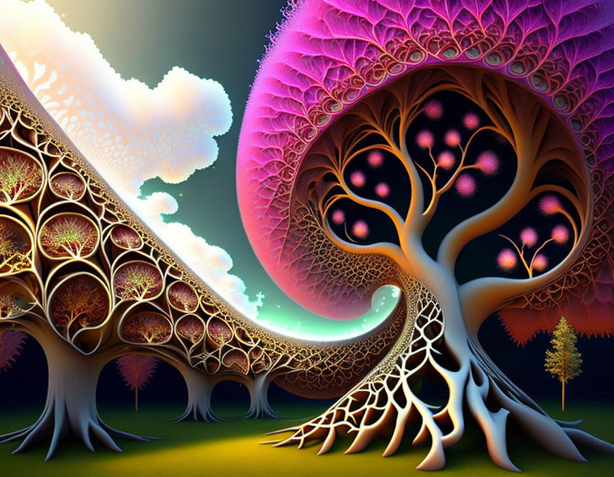 Colorful digital artwork: Whimsical trees in fractal branches under gradient sky