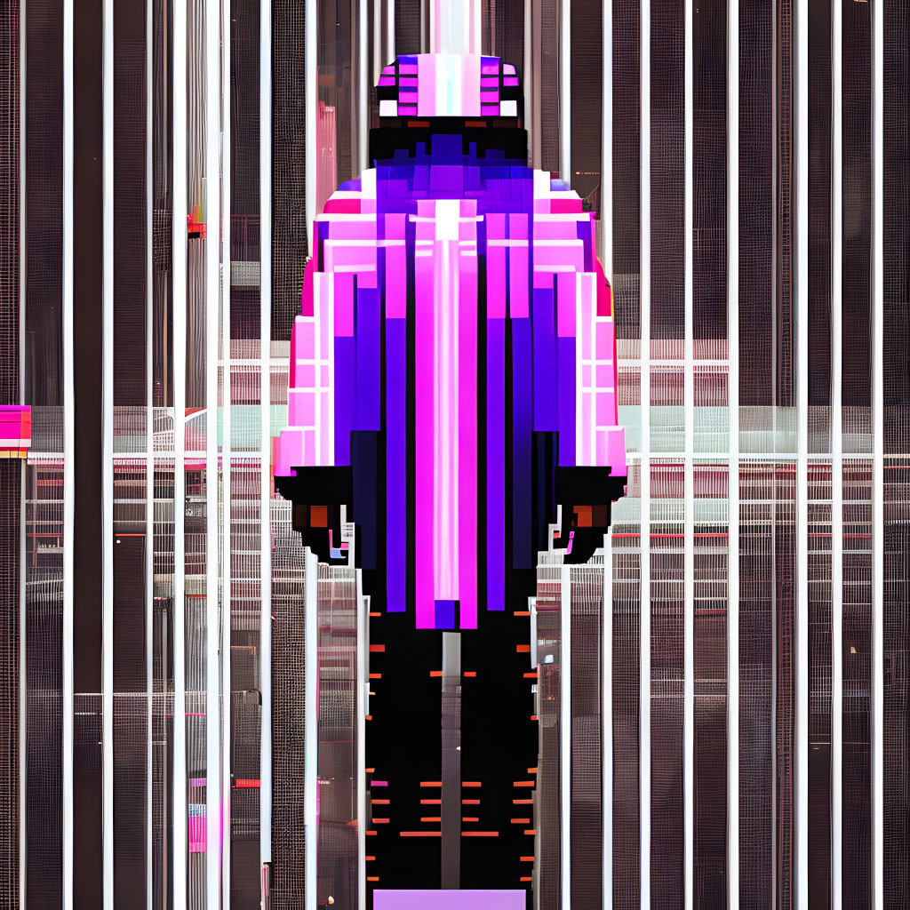 Glitch art style pixelated figure in purple and black colors against distorted cityscape.