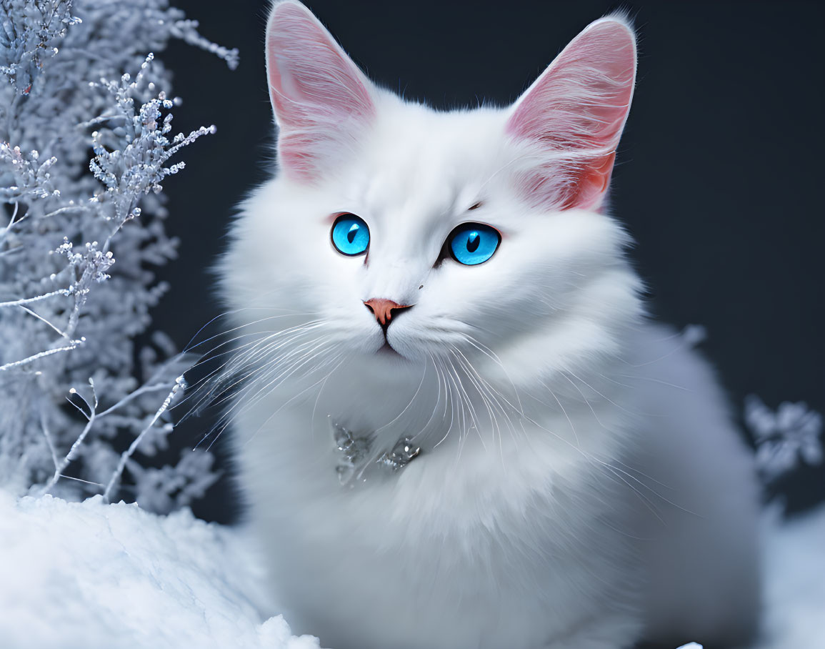 Fluffy white cat with blue eyes in snowy setting