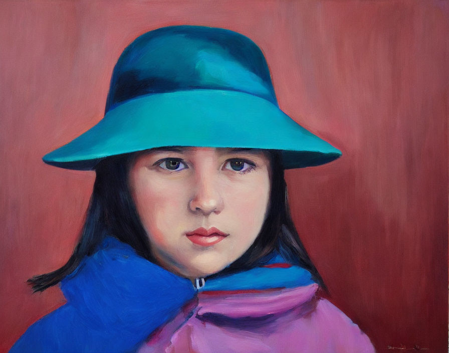 Portrait of young girl in blue hat and purple scarf on red background