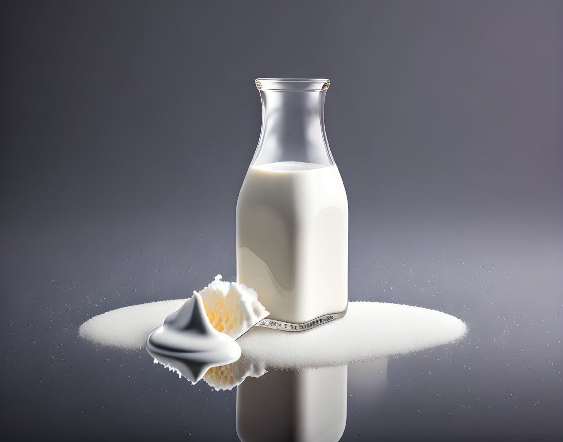 Glass milk bottle with spilled milk and creamy substance on reflective surface