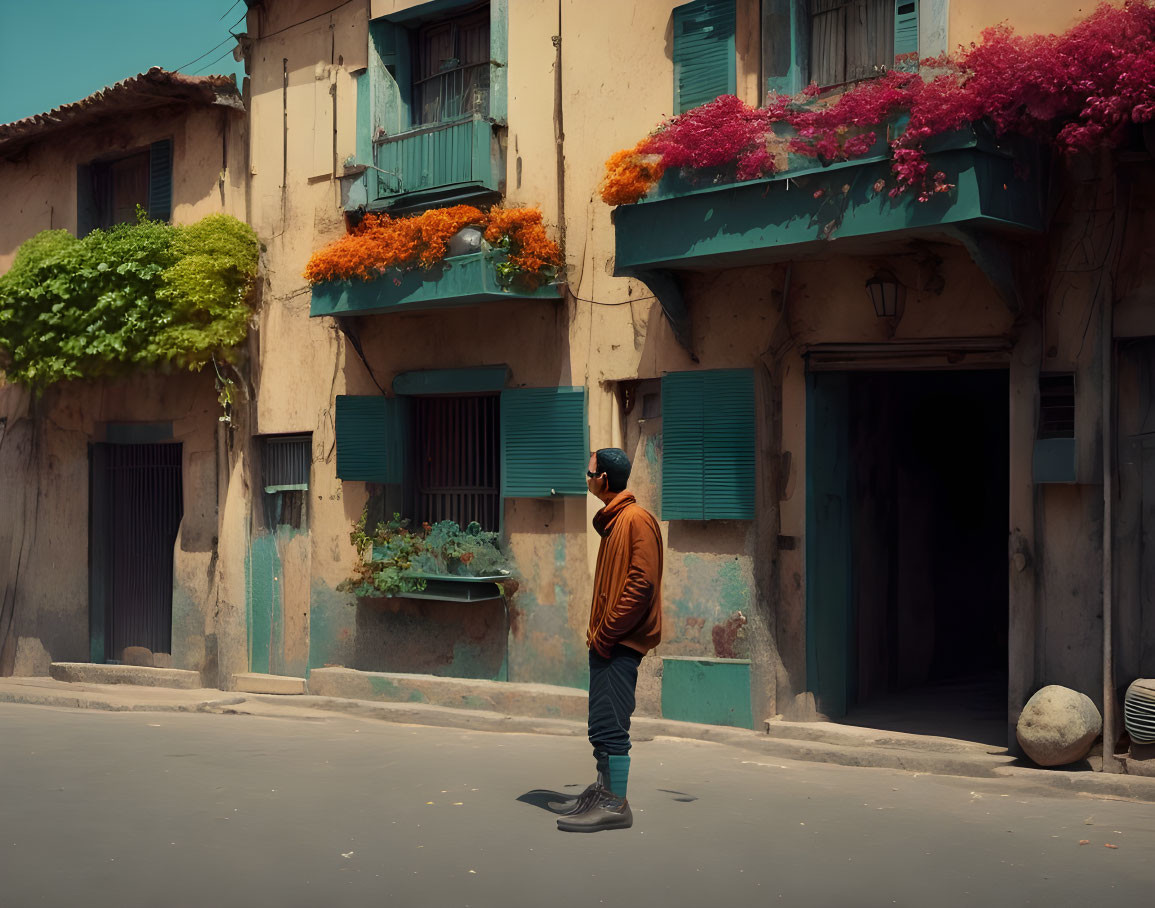 Person in Brown Jacket Observing Colorful Balconies on Quaint Street