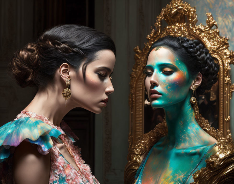 Artistic makeup and elegant hairstyles on two women with blue and gold paint, posing by a vintage mirror