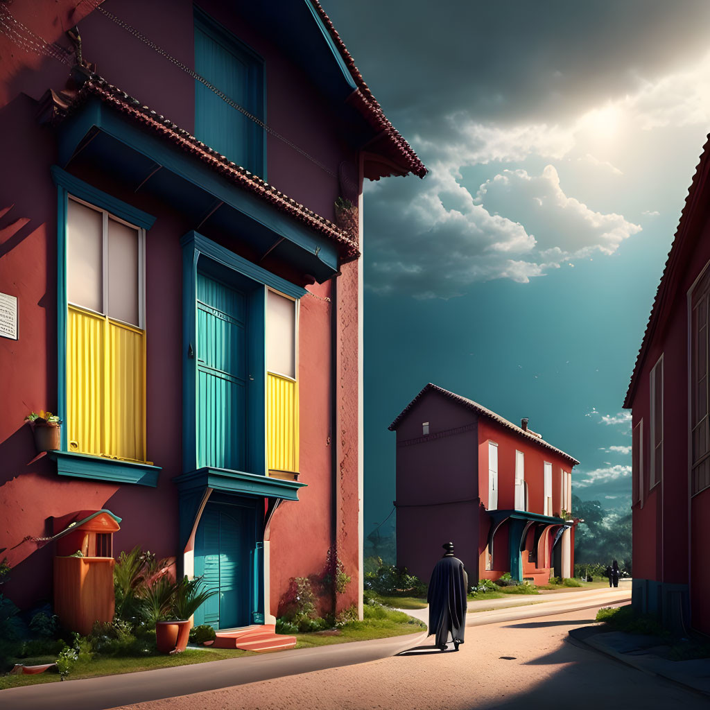 Person in dark coat strolling colorful street at dusk