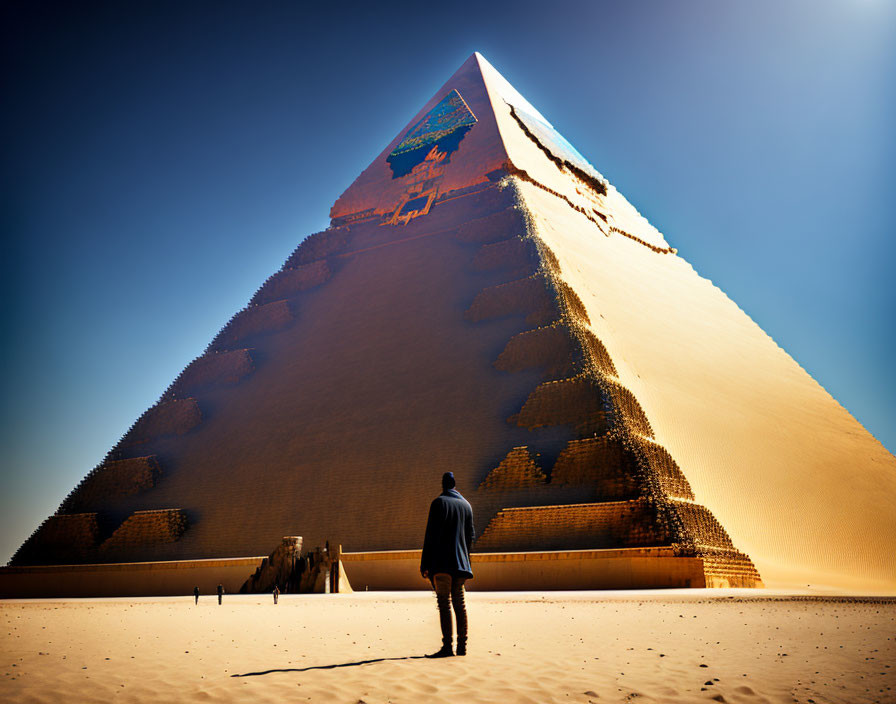 Massive sunlit pyramid under clear blue sky