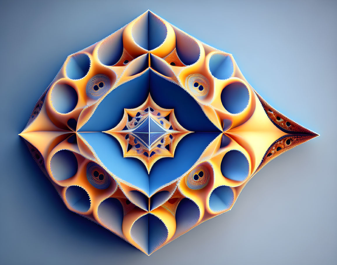 Detailed Fractal Image: Kaleidoscopic Pattern with Geometric Shapes in Orange and Blue on Grey