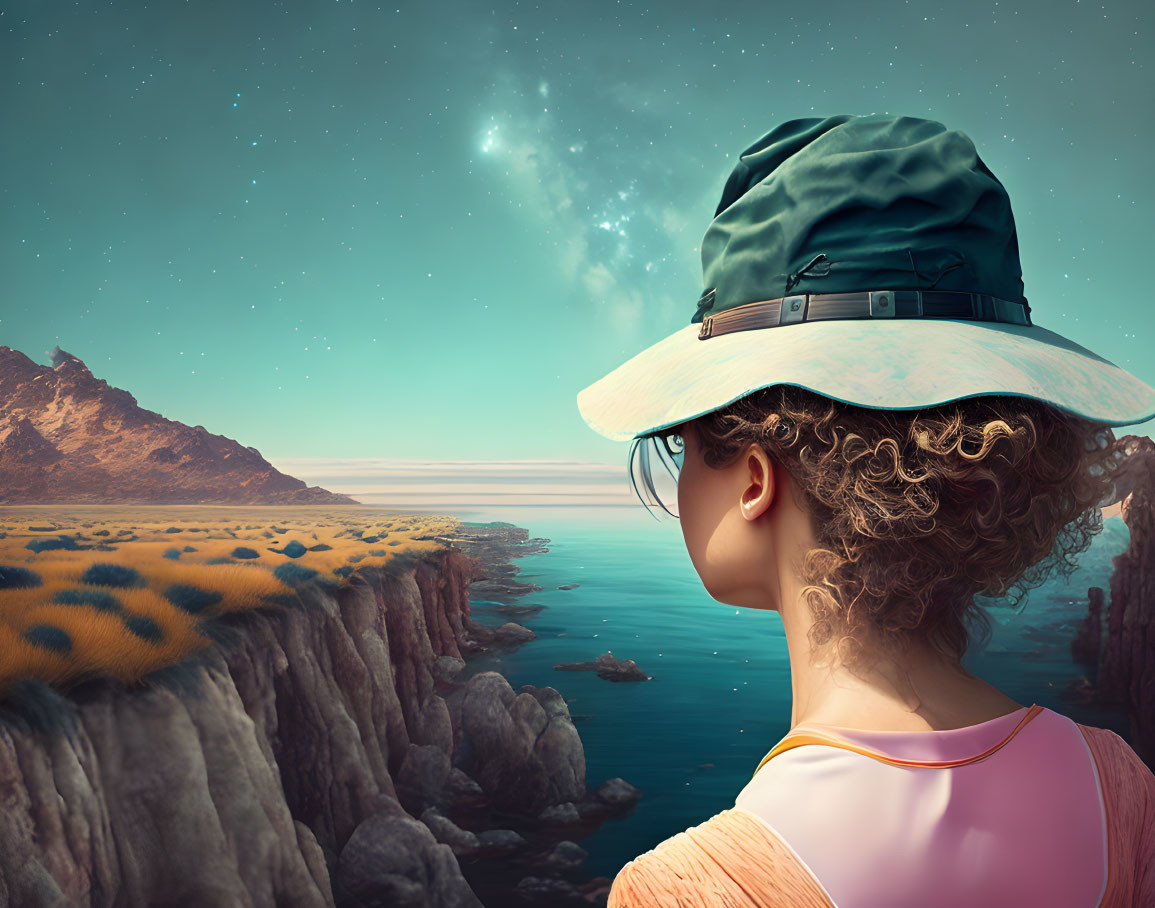 Person in bucket hat gazes at surreal landscape with rocky cliffs, calm sea, and starry sky