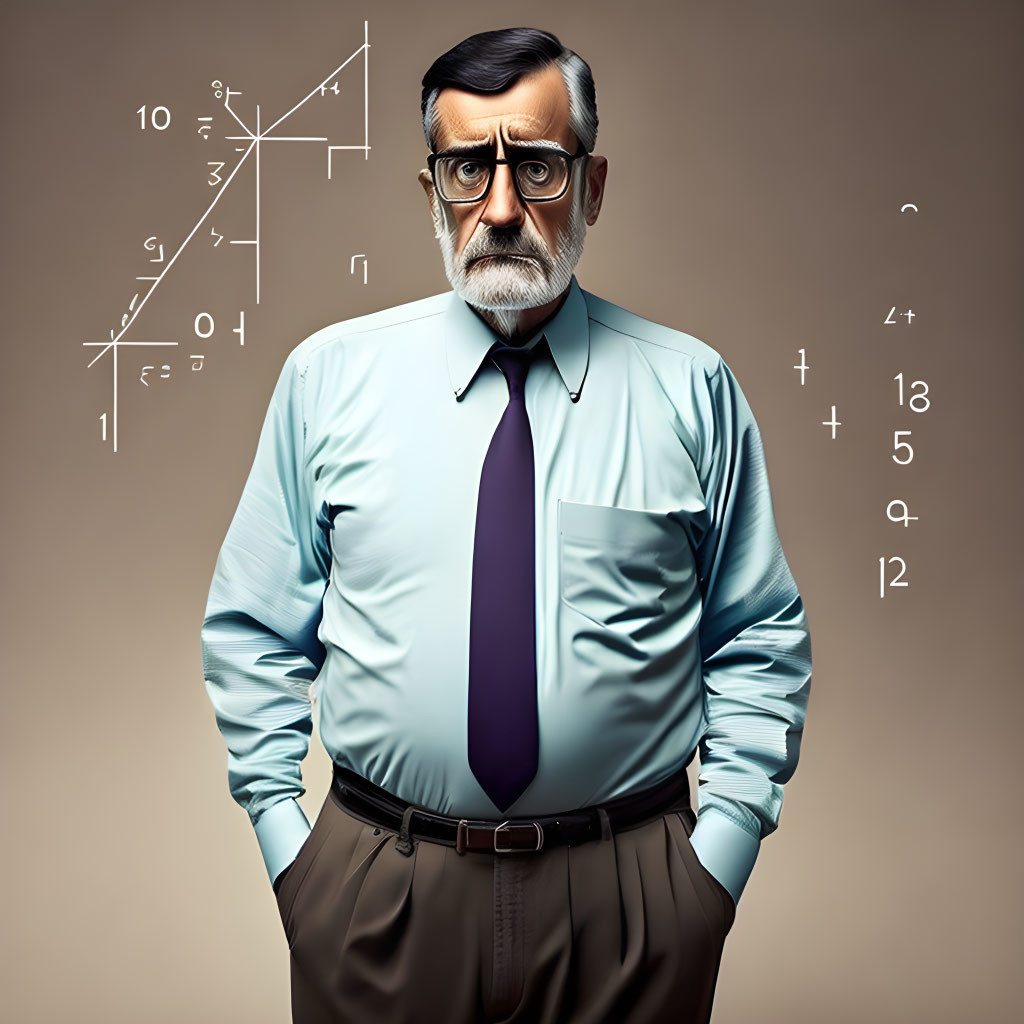 Serious man in glasses with mustache, blue shirt, purple tie, surrounded by mathematical symbols