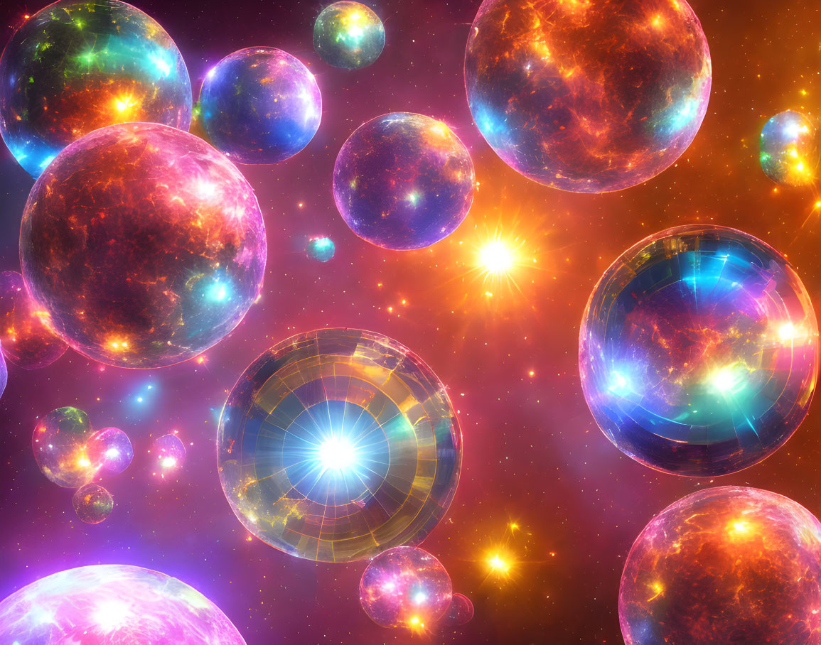 Colorful Glowing Orbs in Cosmic Scene with Starry Background