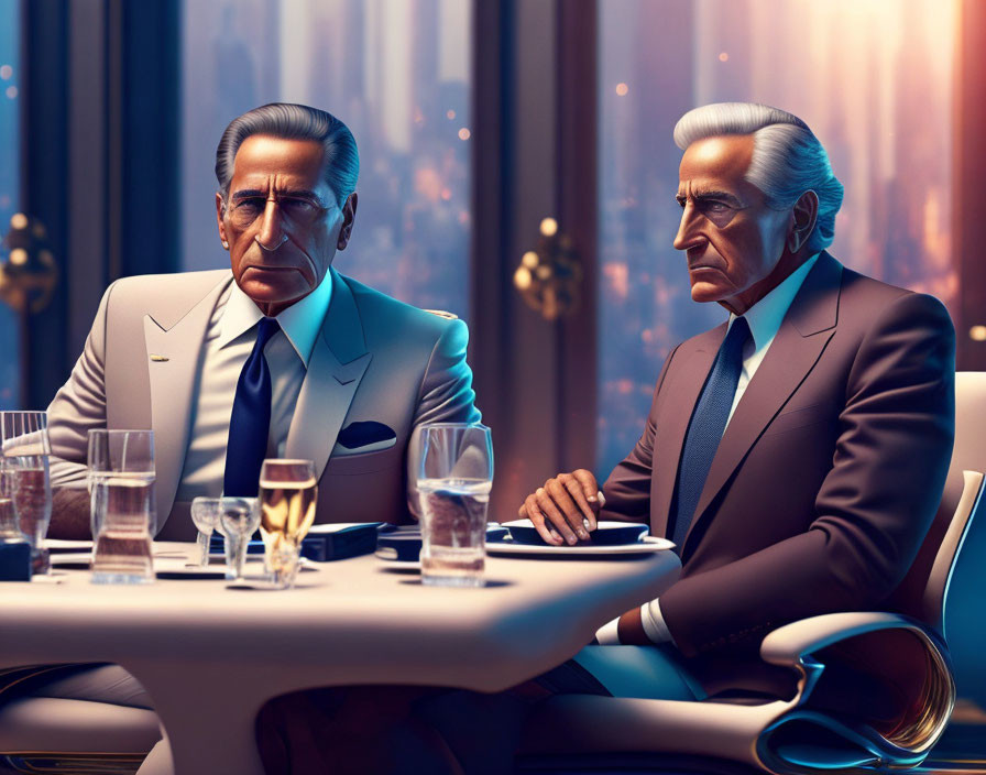 Stylized animated male characters in suits at a table with drinks and cityscape view.