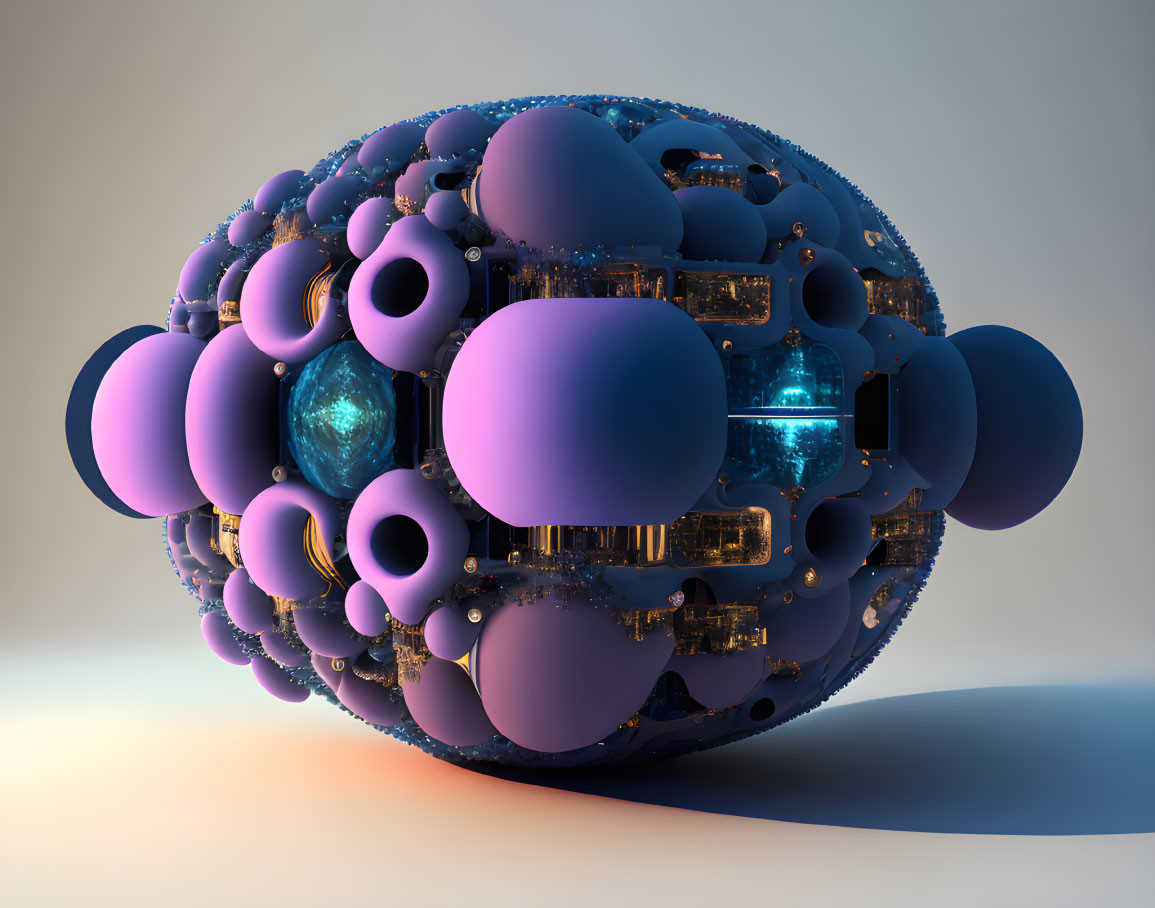 Complex 3D rendering of purple spherical object with golden geometric details