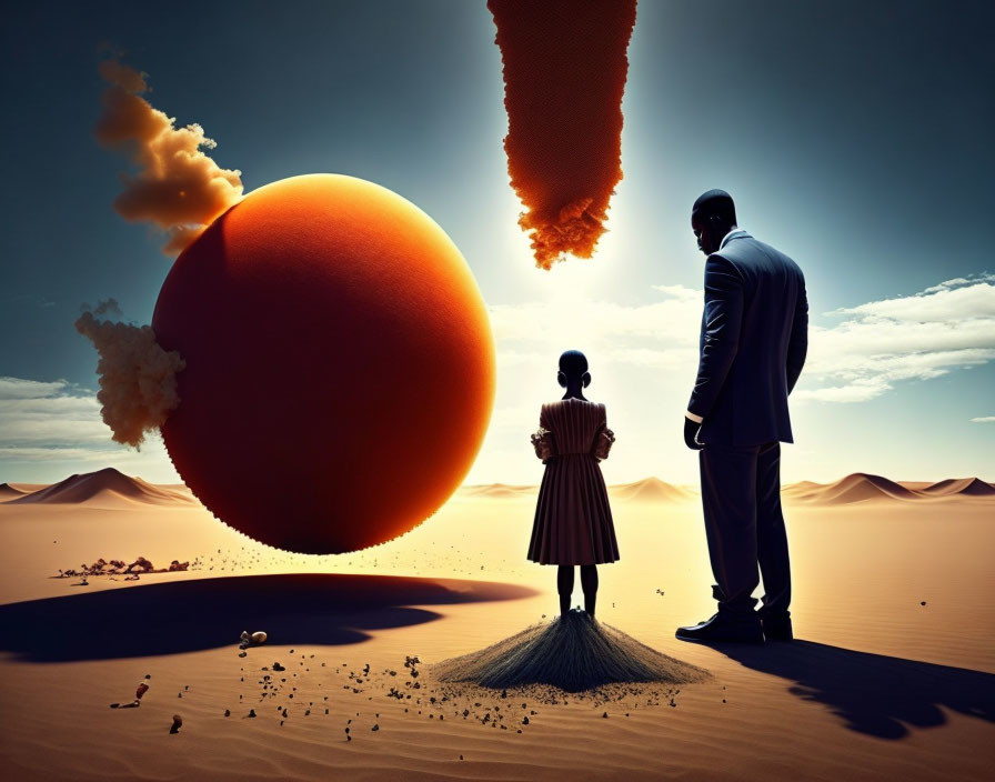 Child and adult observe surreal orange sphere in desert landscape