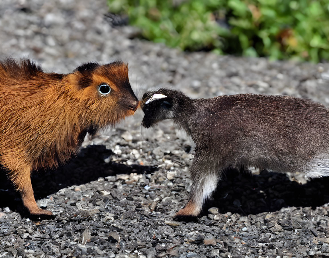 Brown guinea pig and small goat kid meet on gravel surface