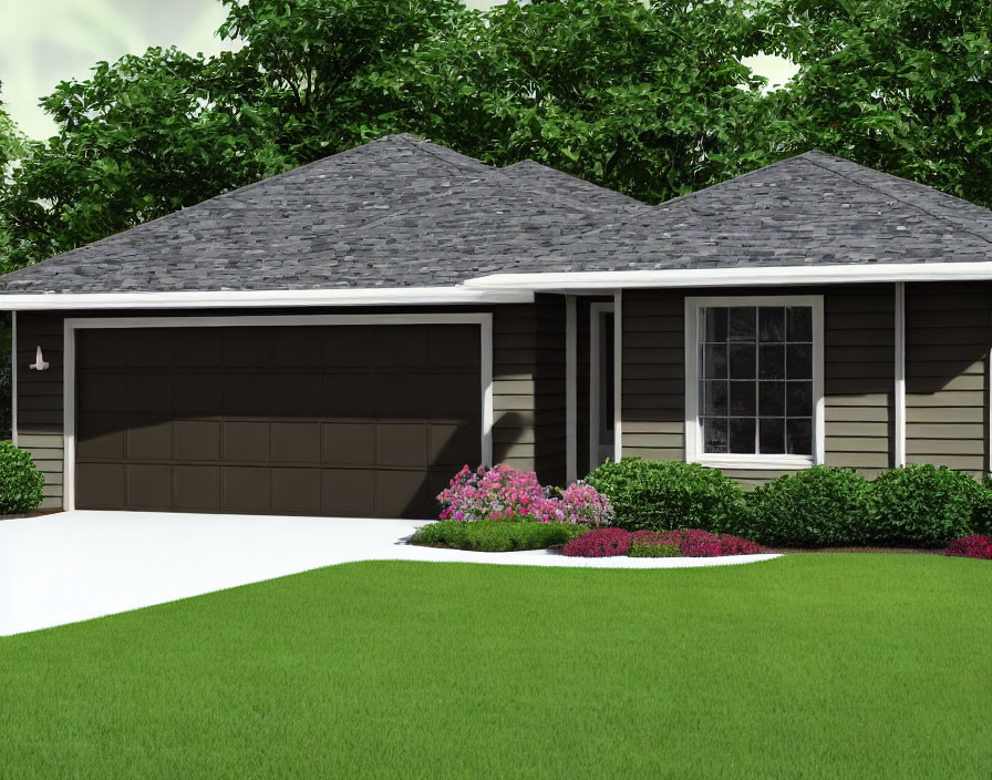 Single-Story House with Dark Roof, Attached Garage, White Siding, Large Window, and Land