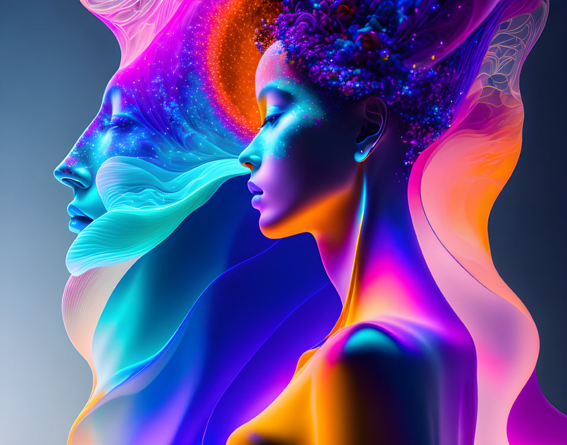 Colorful digital artwork: Two profiles with cosmic and floral elements in neon colors on dark background