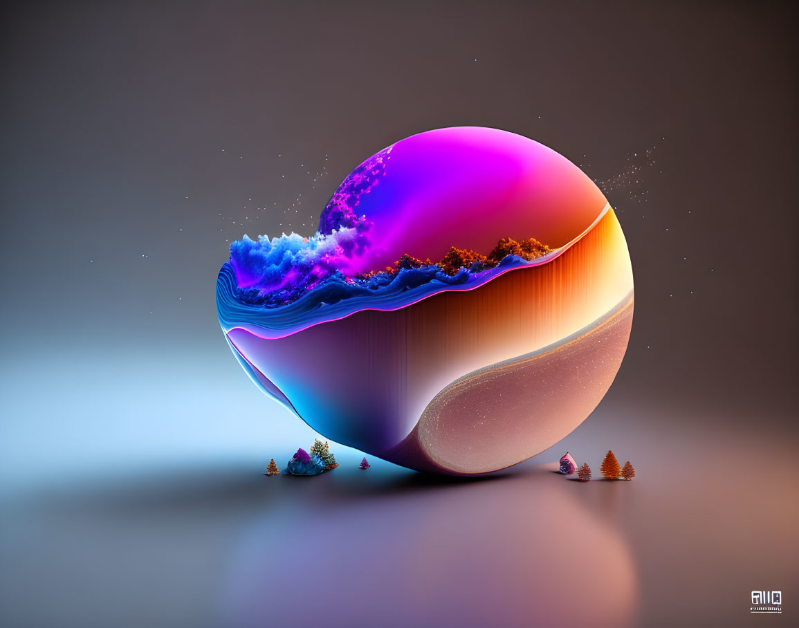 Colorful Surreal Digital Art: Sliced Sphere with Contrasting Landscapes & Textures