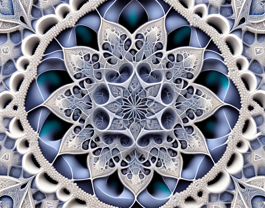 Symmetrical Blue, White, and Gray Fractal Image with Lace-Like Patterns