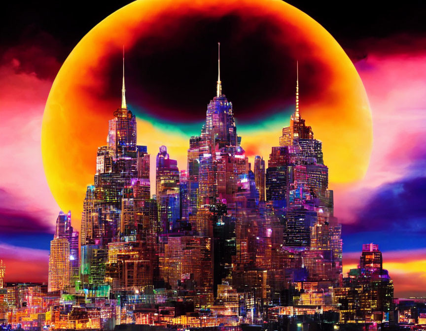 Colorful city skyline with illuminated buildings under an orange moon at night