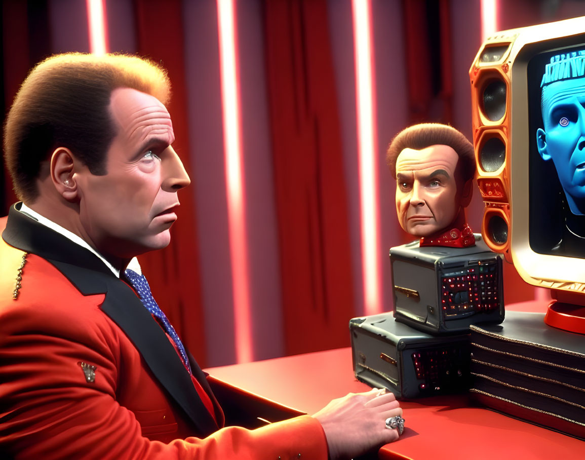 3D-animated character in red uniform with vintage technology and screen reflection