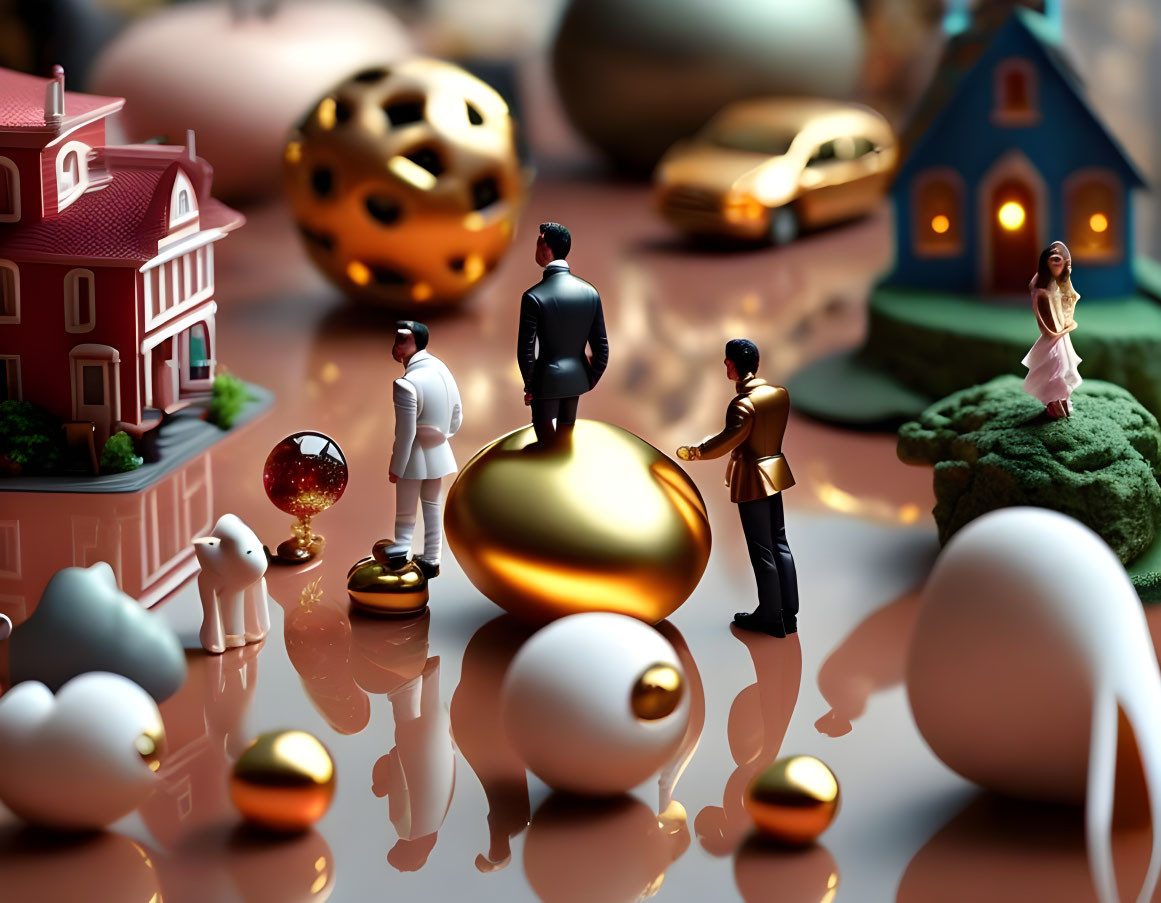 Tiny figures on golden balls amidst mini houses, cars, and trees.