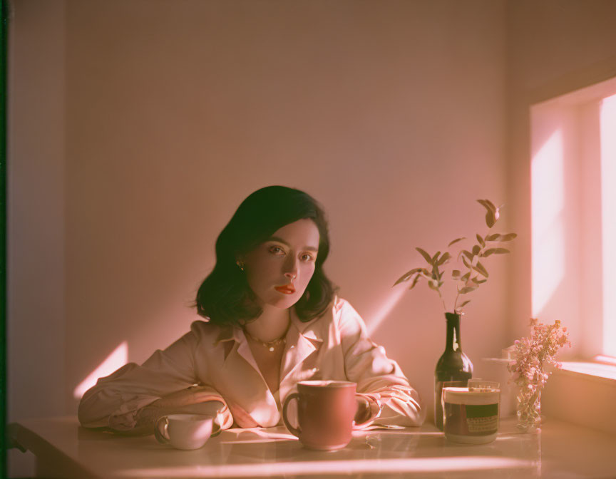 Pensive woman at table with mugs and vase in soft pink light