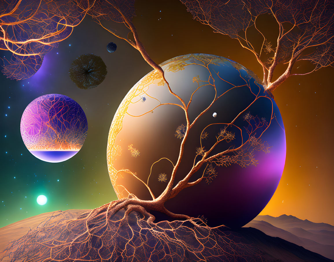 Fantastical landscape with glowing tree-like structures and celestial orbs.