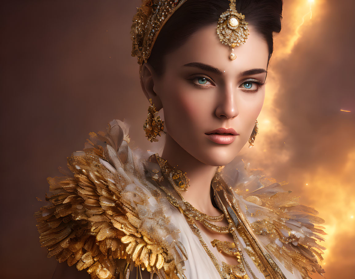 Striking Blue-Eyed Woman in Golden Headdress and Feathered Attire