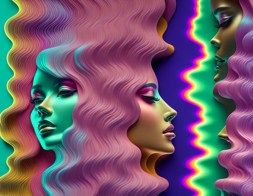 Colorful digital art: Three women profiles with neon hair in purple to green gradient.