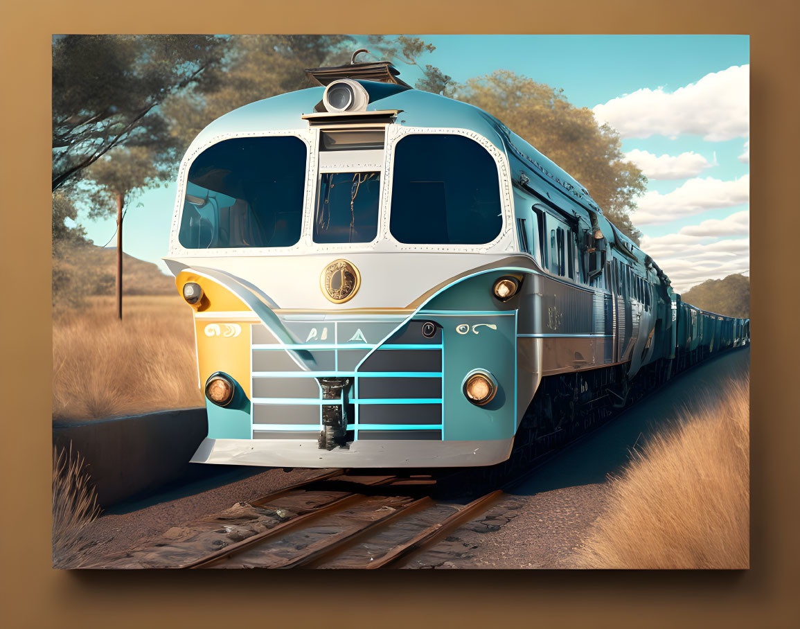 Vintage Blue and Silver Train on Tracks in Nature Scene