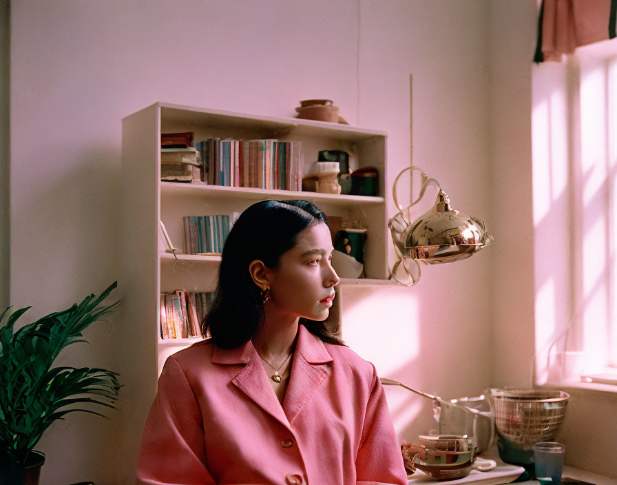 Woman in pink blazer near window with books, pottery, and plants.