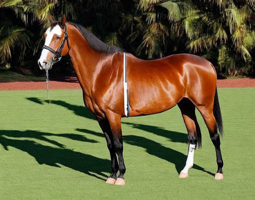 Chestnut Horse with White Blaze on Green Turf & Palm Trees