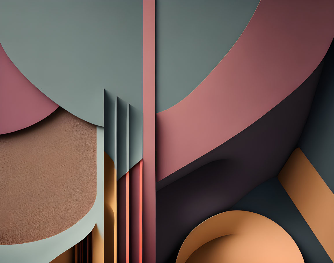 Layered geometric curves and lines in muted red, teal, beige, and orange tones