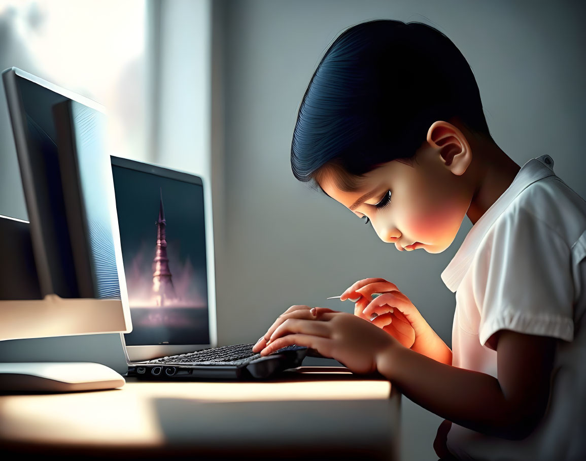 Young child using computer in dimly lit room with glowing screen