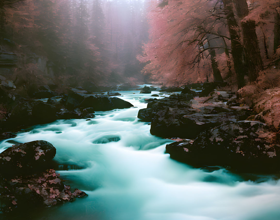 Tranquil river in misty autumn forest with turquoise waters