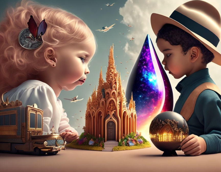 Whimsical artwork featuring two children with train toy and crystal ball in fantasy setting